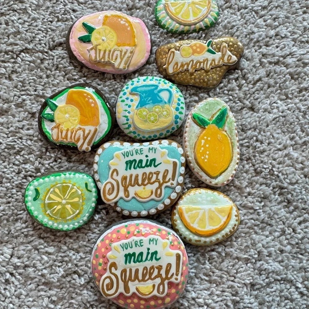 Colorful Lemonade Party Stones Handmade Painted Rocks | Lemon & Citrus Theme